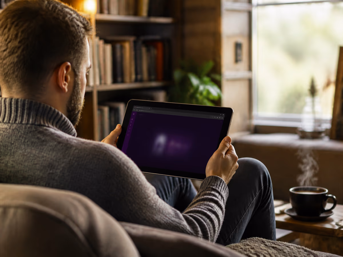 A user explores the Tor Browser on a tablet in a cozy living room setting.
