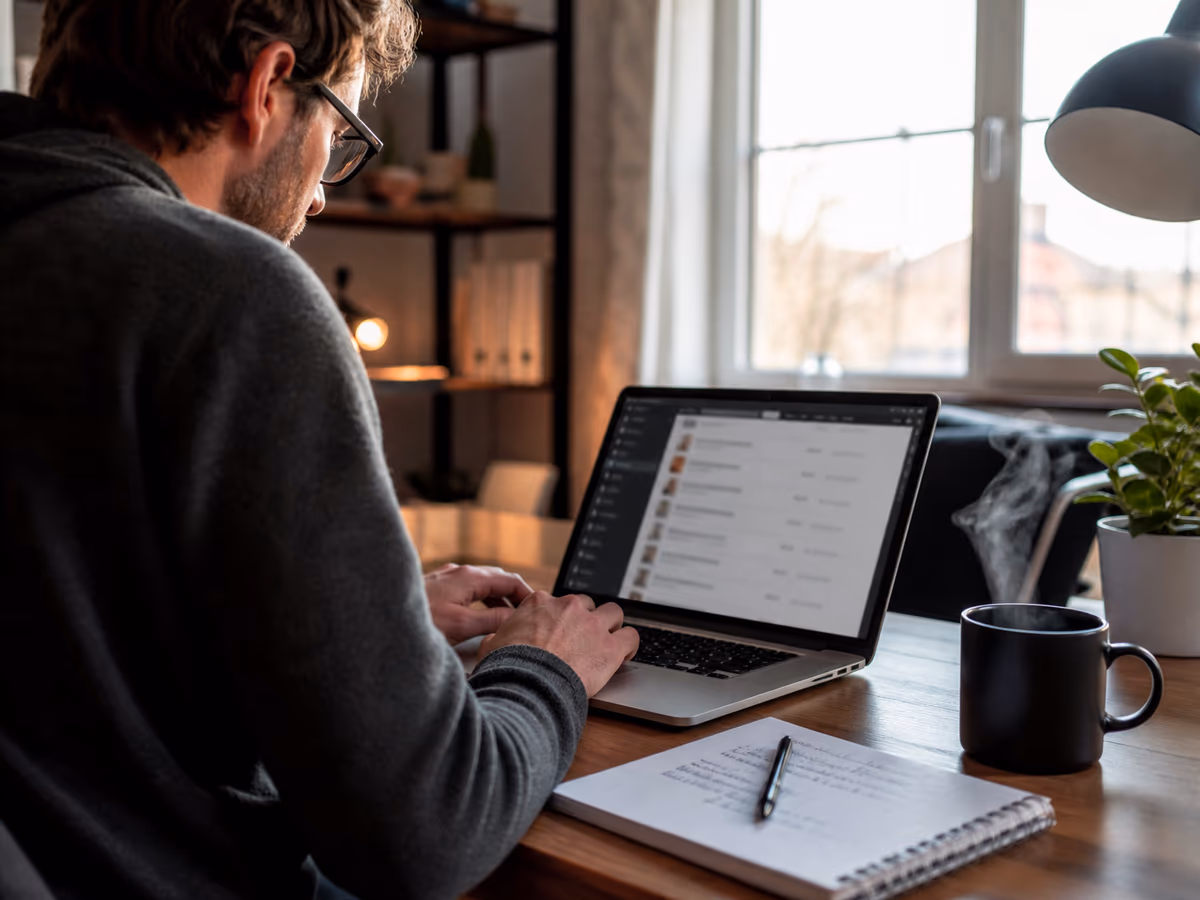 A person curating a list of adult Tor links on their laptop in a home office.