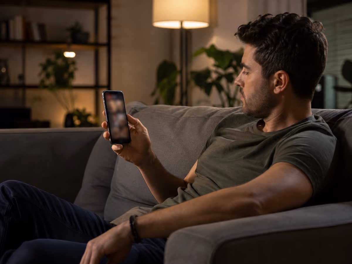 A person browsing a dark web adult site on a smartphone in a cozy living room.