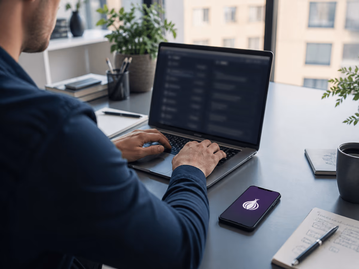 A user engaging with dark web resources in a contemporary office setting.