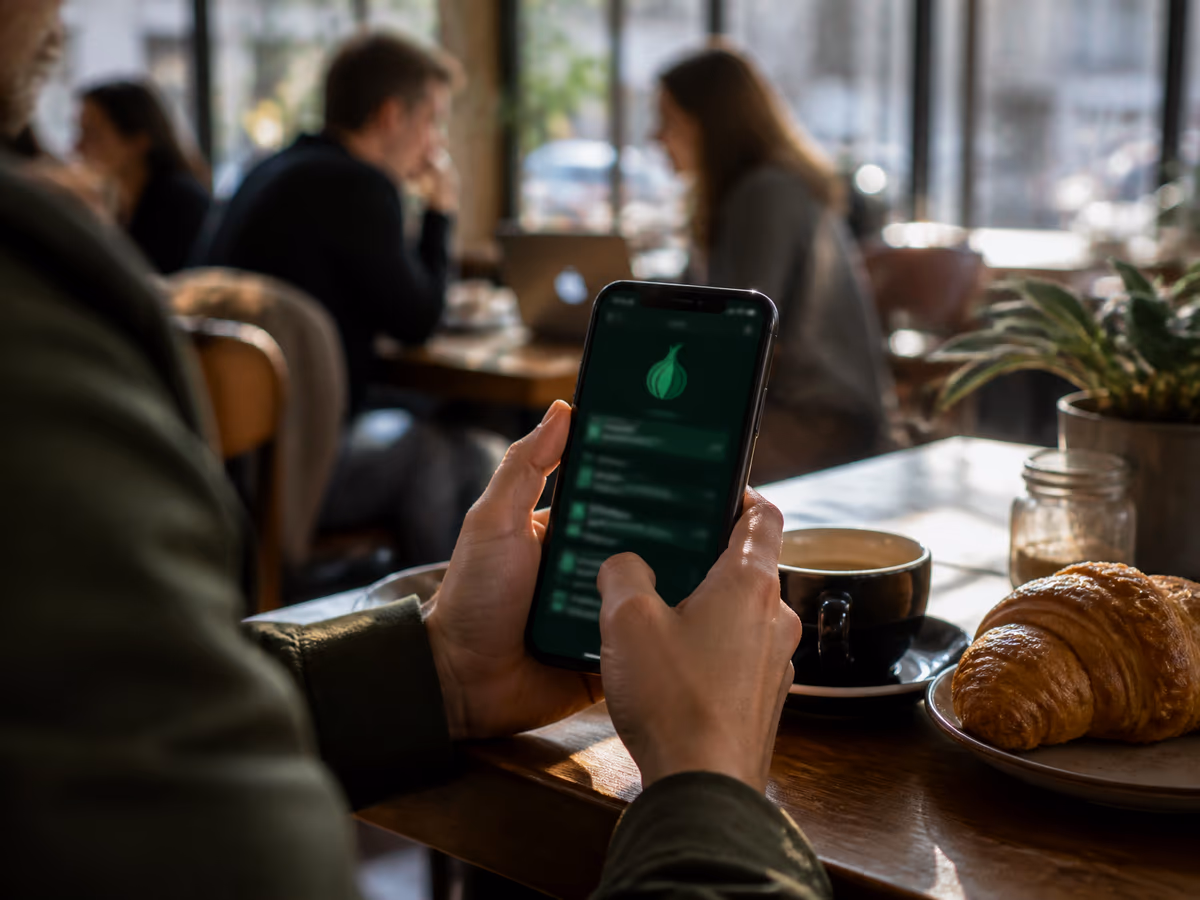 A user discreetly explores a .onion directory on their smartphone in a café.