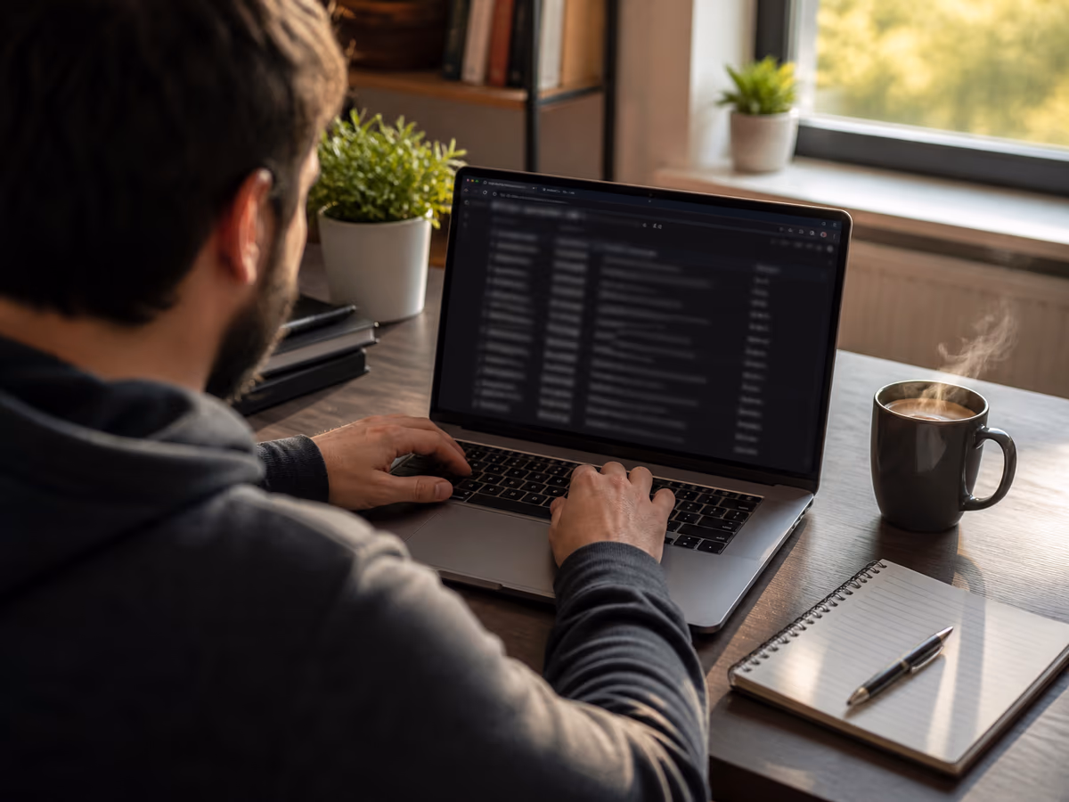A person researching onion sites in a cozy home office.