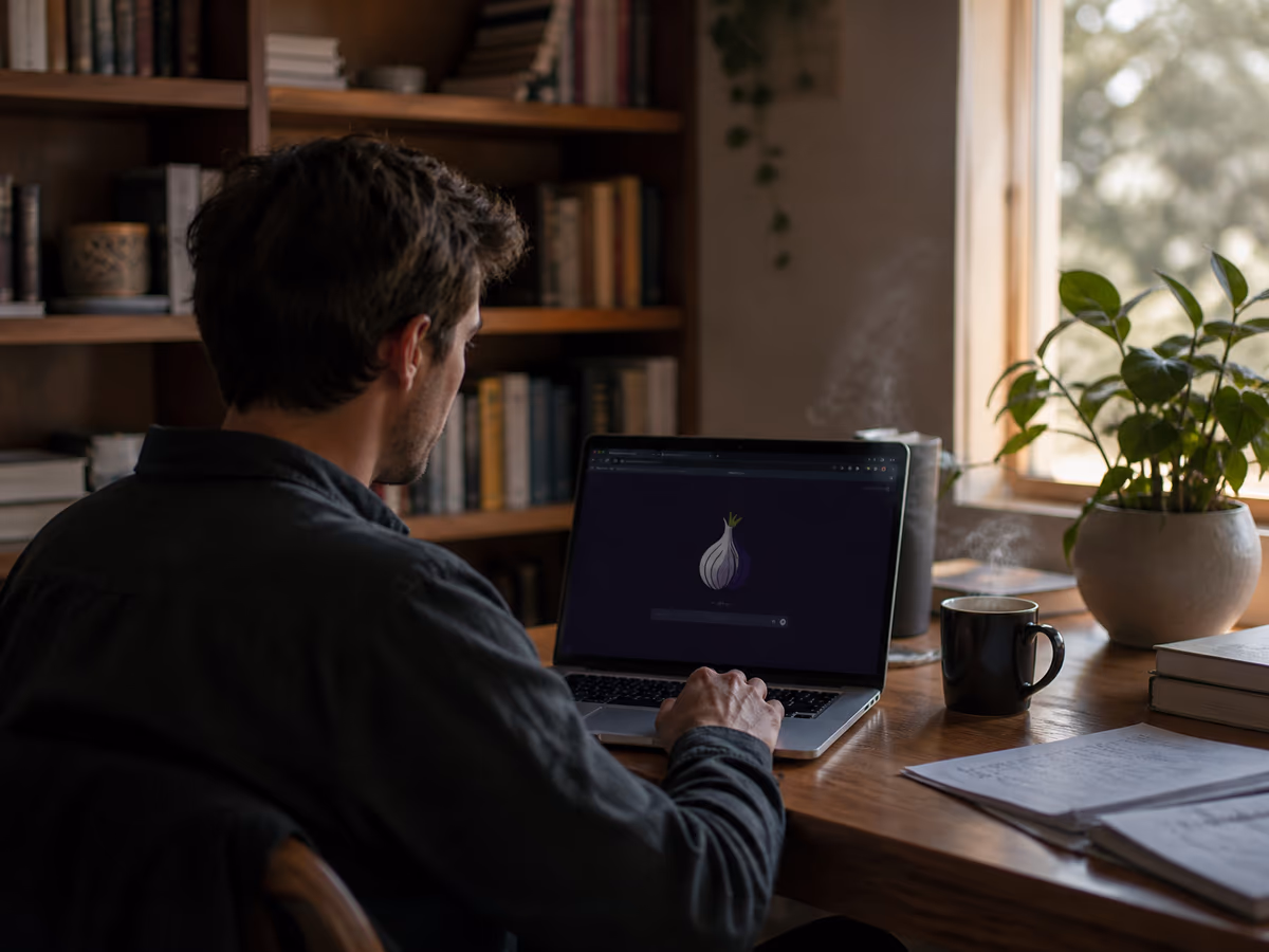 A user explores legitimate .onion websites in a cozy study environment.