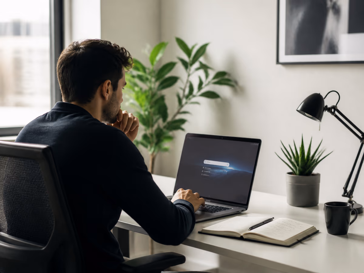 A user is focused on analyzing DeepSearch results on their laptop in a modern office.