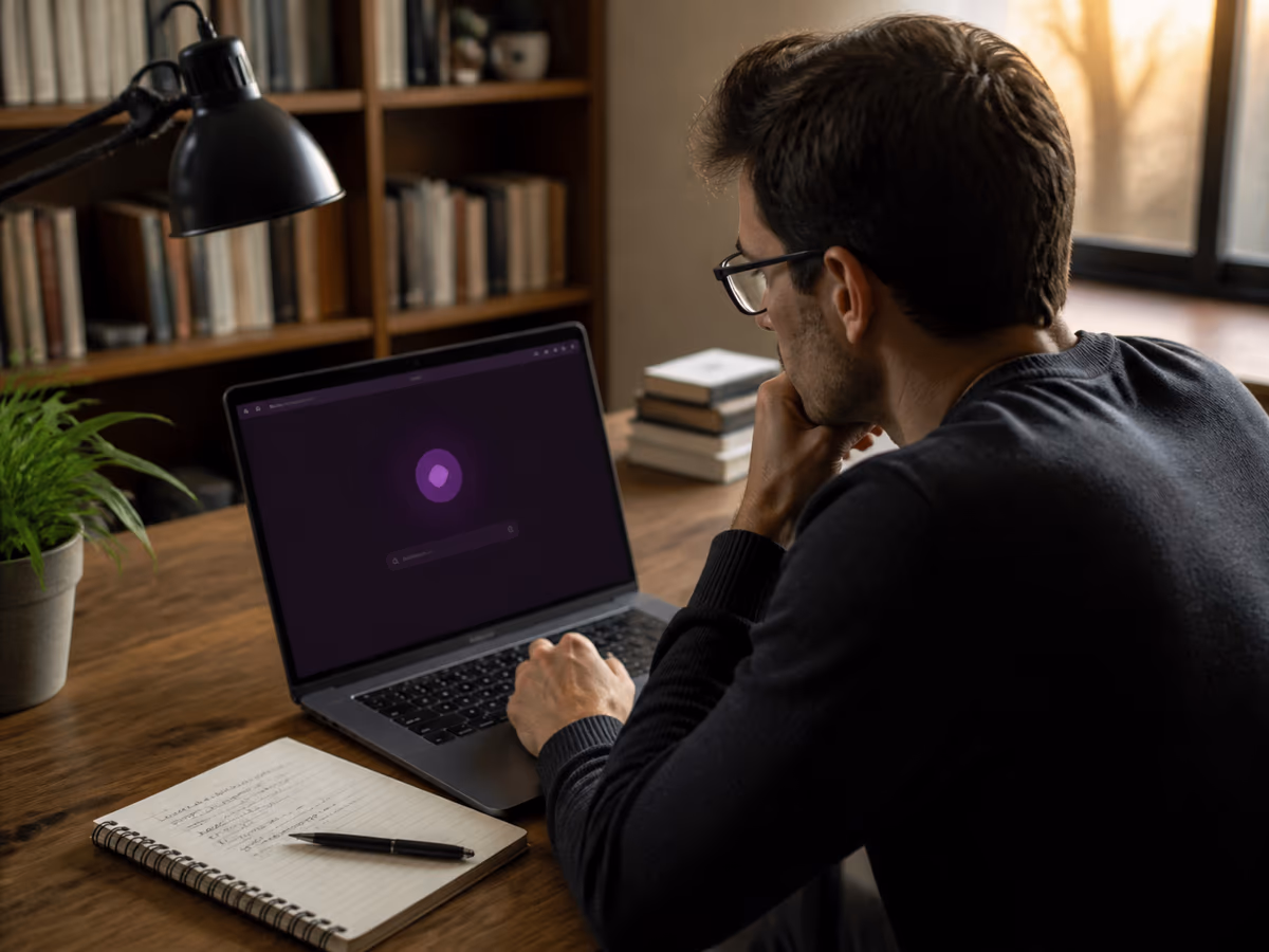 A user is checking an onion link on a laptop in a cozy study.