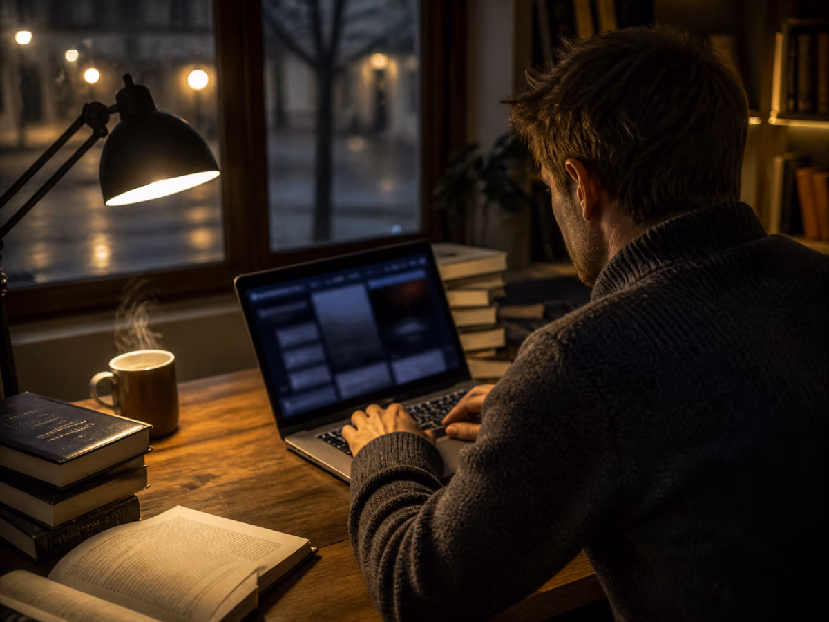 A user examines a laptop showing an onion URL in a cozy workspace.