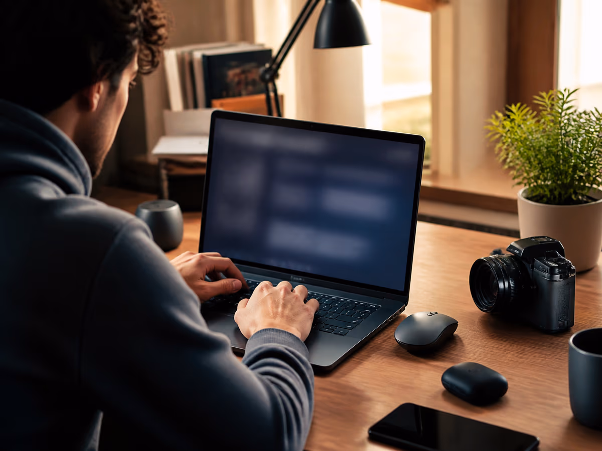 A user is engaged in exploring a .onion website in a comfortable home office setting.