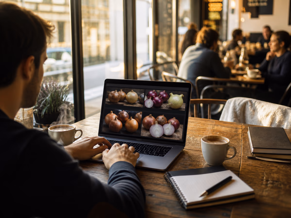 A user is focused on browsing onion websites in a cozy café setting.