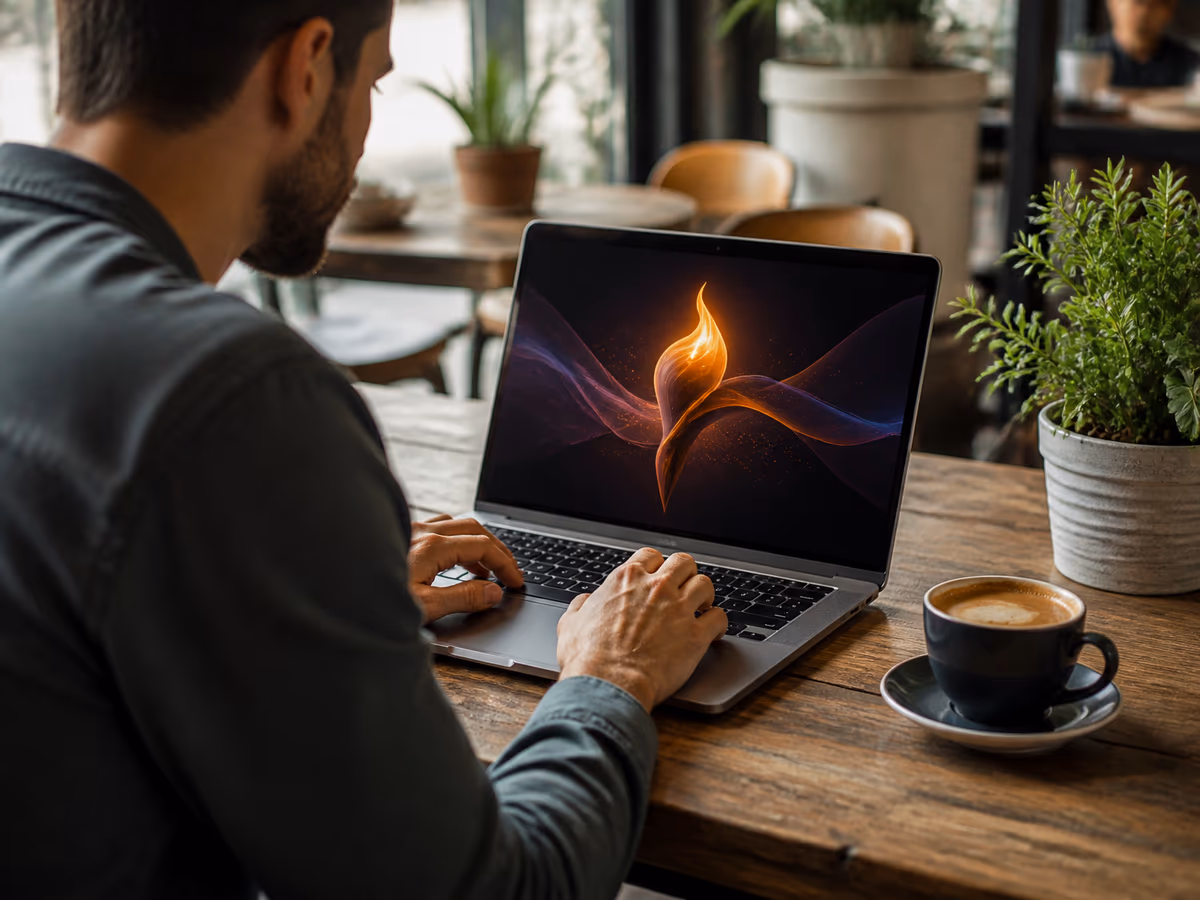 A user engaging with the Torch browser in a well-lit cafe setting.