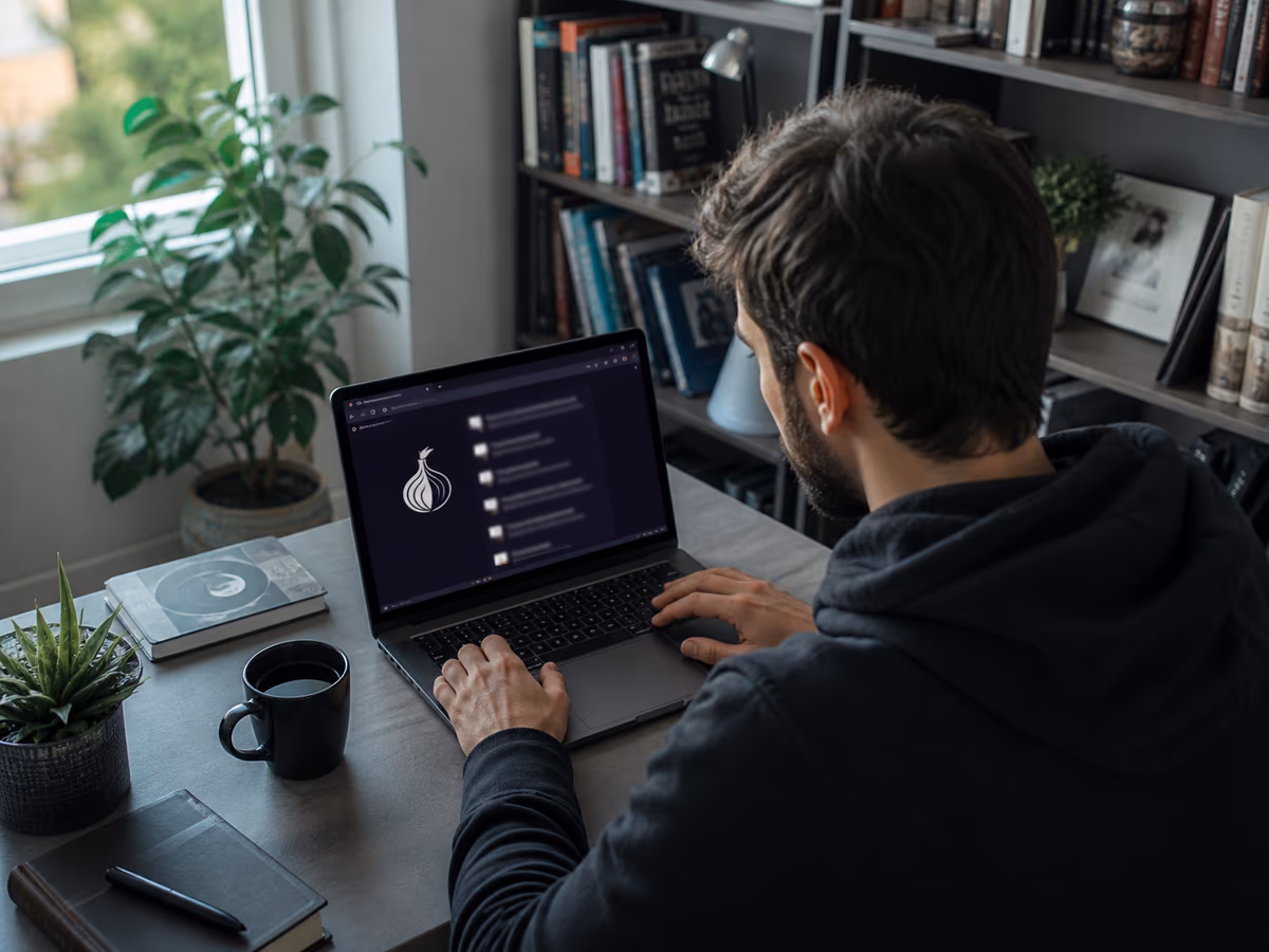 A person is examining onion links on a laptop in their home office.