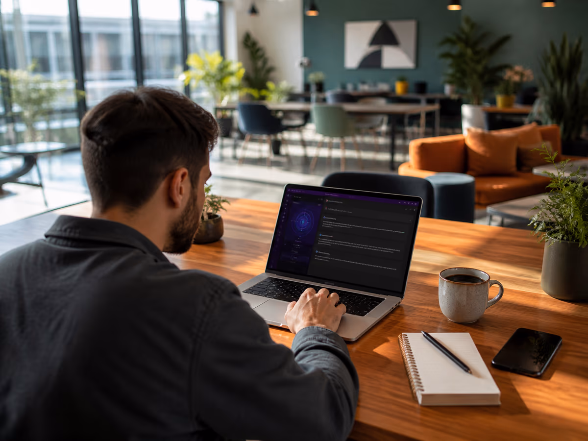 A user engaged in exploring onion sites on their laptop in a lively workspace.