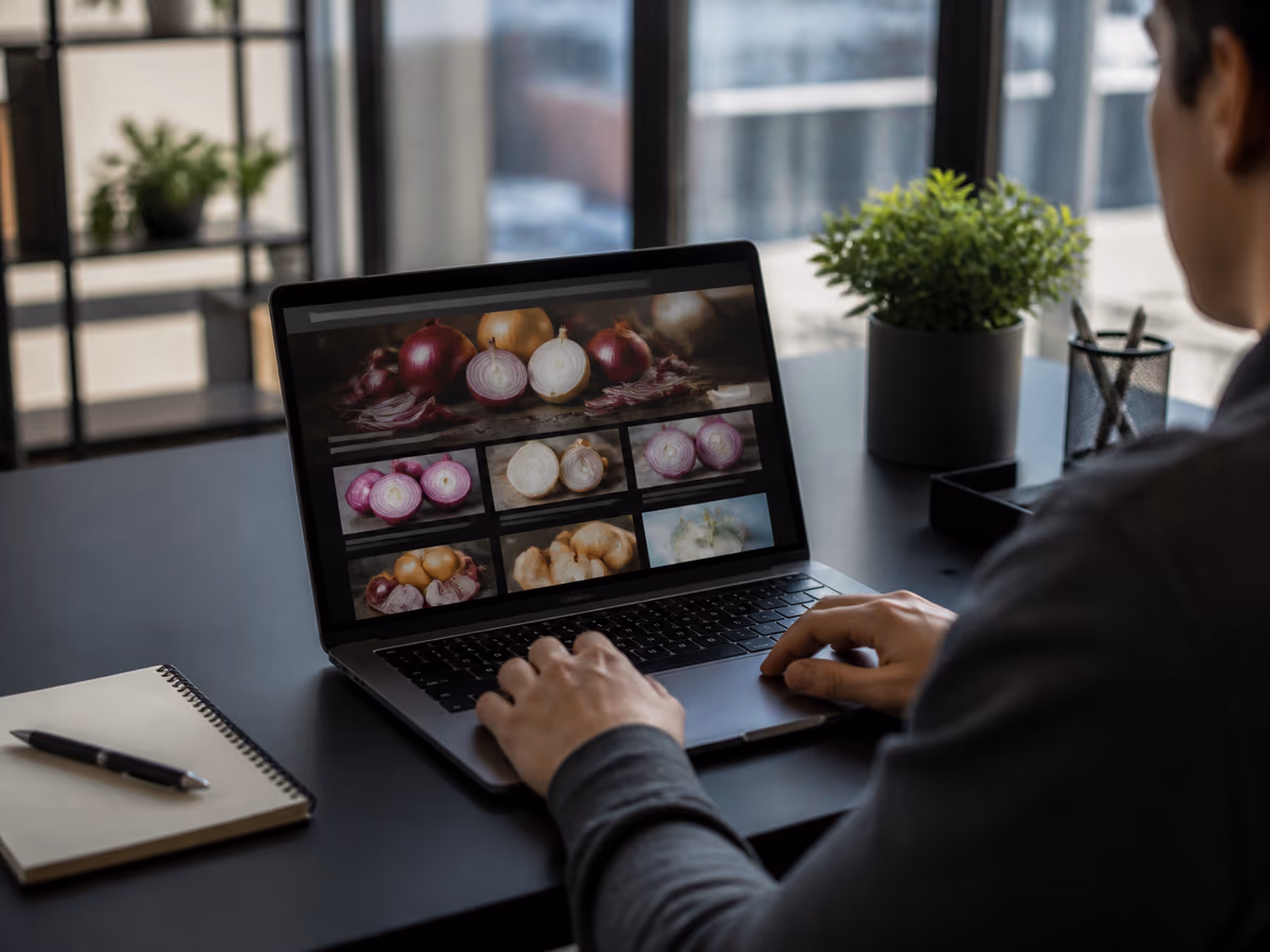 A user is focused on exploring onion topic links in a bright office setting.