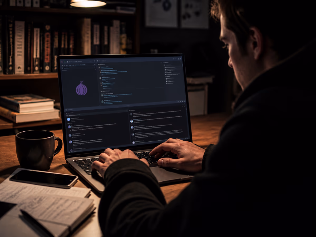 A user immersed in exploring Tor sites on their laptop in a cozy room.