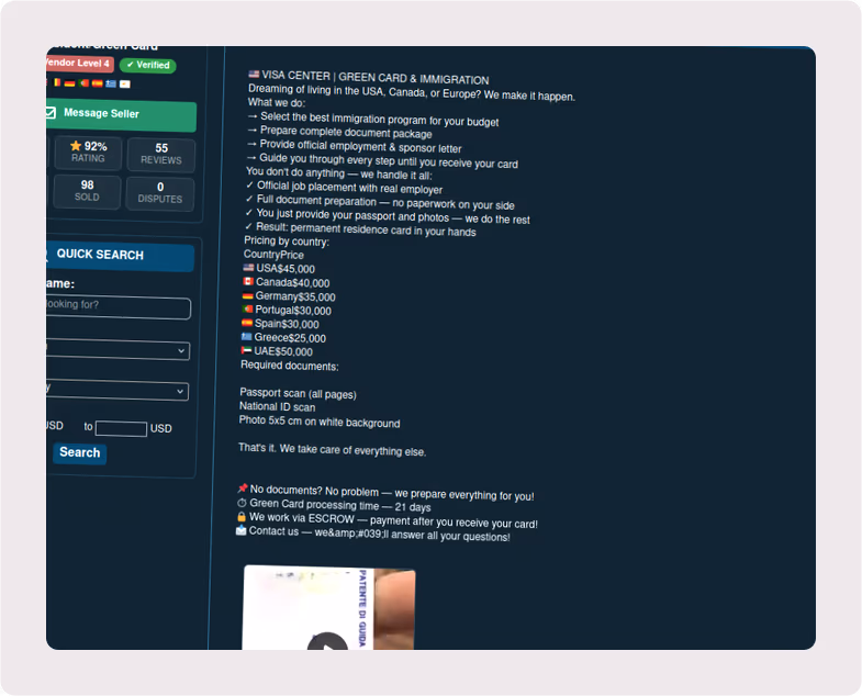A service page presents visa and green card pricing.