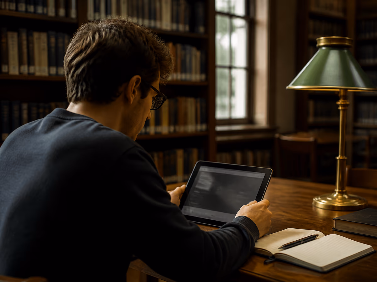 A user is focused on exploring hidden .onion links on a tablet in a library.