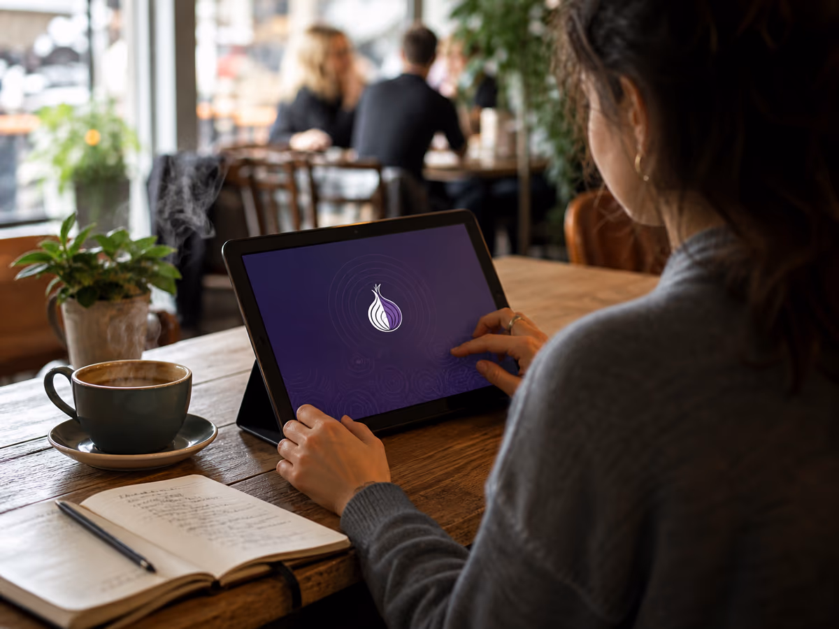 A person is using a tablet in a café to browse the Tor network.